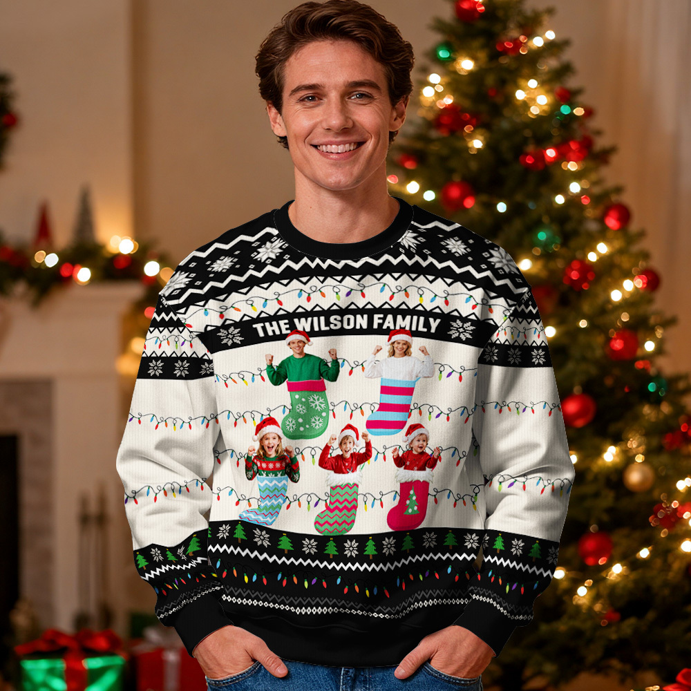 Sudadera Con Capucha De Cuello Redondo Personalizada Con Foto Personalizada, Regalo Navideño Rojo Para La Familia, Suéter Feo Con Luces Led De Navidad, Sudadera Unisex. - miscalcetinescaramx