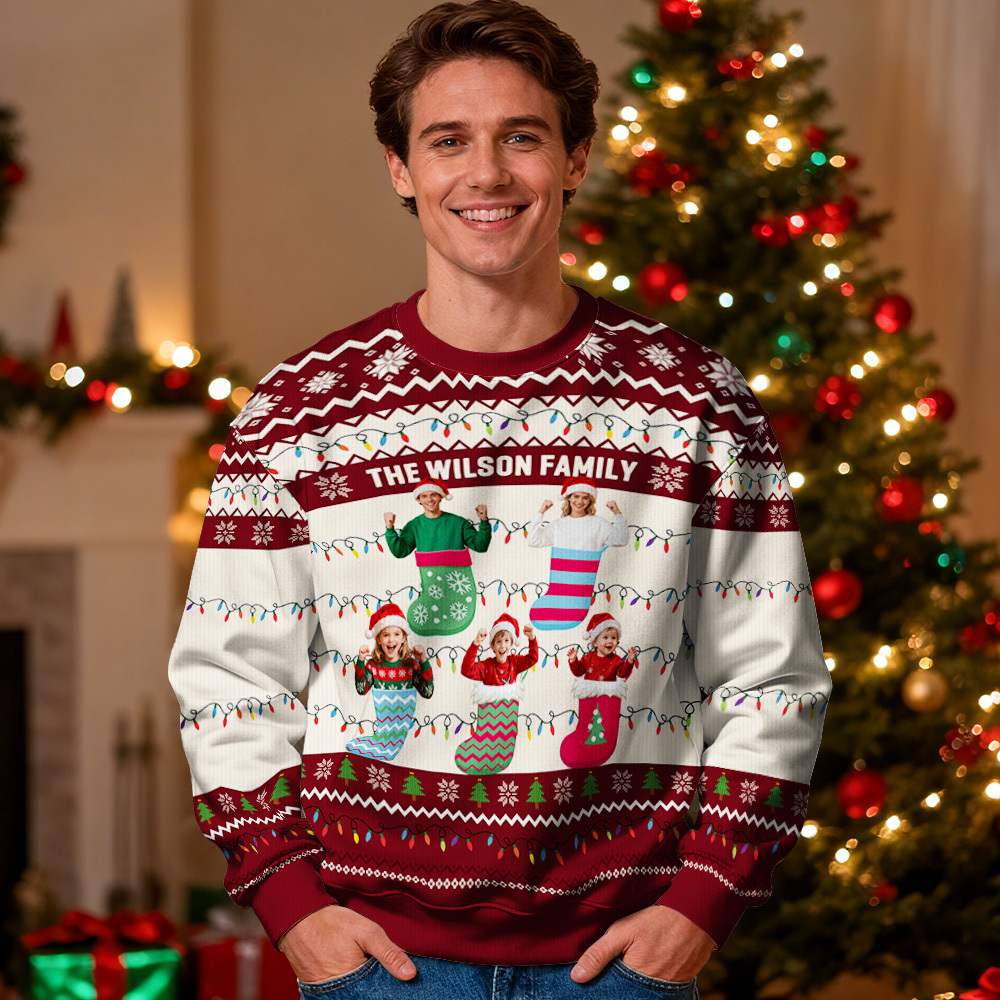 Sudadera Con Capucha De Cuello Redondo Personalizada Con Foto Personalizada, Regalo Navideño Rojo Para La Familia, Suéter Feo Con Luces Led De Navidad, Sudadera Unisex. - miscalcetinescaramx