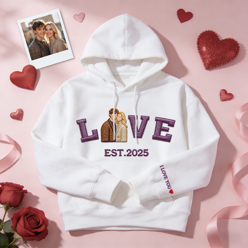 Sudadera Con Capucha Personalizada Con Foto Bordada De Pareja Love Est Year - miscalcetinescaramx