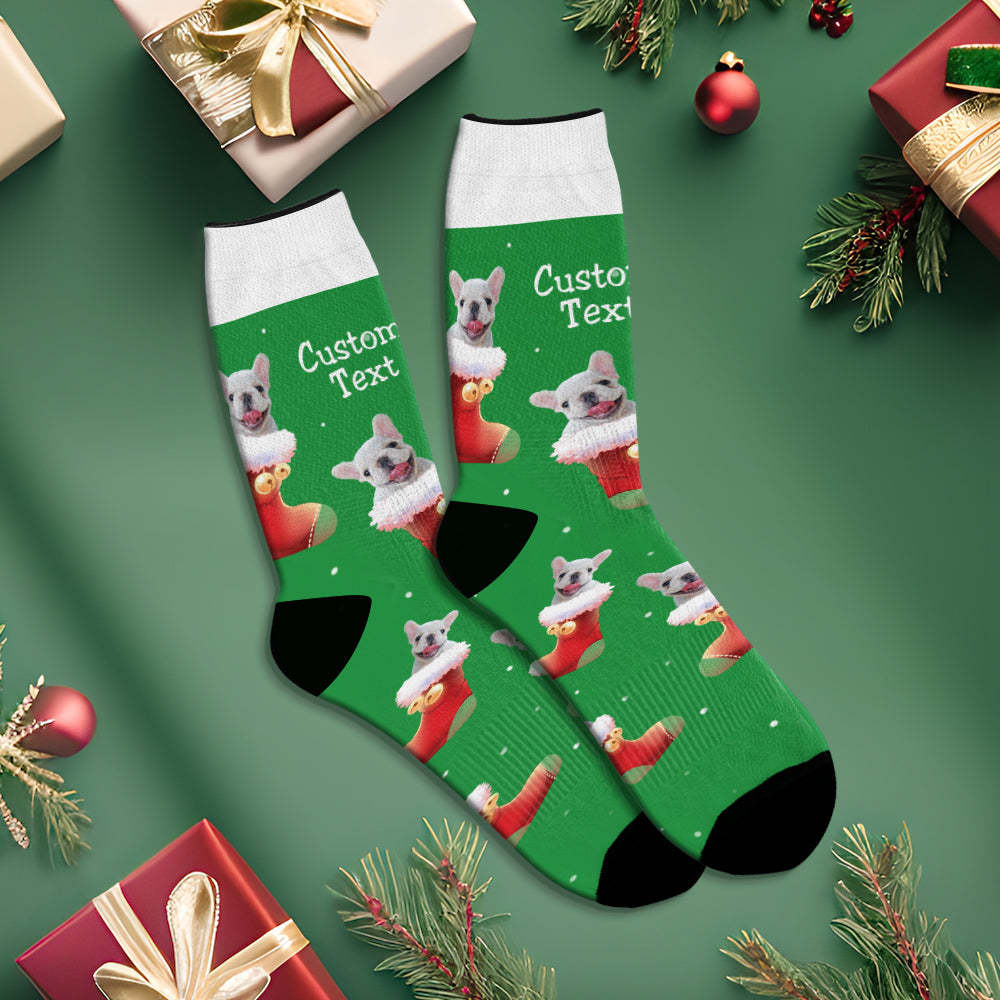 La Cara Respirable Verde De Encargo De La Navidad Pega Los Regalos Suaves Personalizados De Los Calcetines De La Foto Del Perro Para El Amante Del Animal Doméstico - MyFaceSocksMX