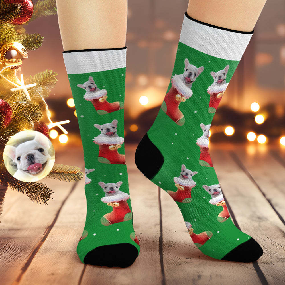 La Cara Respirable Verde De Encargo De La Navidad Pega Los Regalos Suaves Personalizados De Los Calcetines De La Foto Del Perro Para El Amante Del Animal Doméstico - MyFaceSocksMX