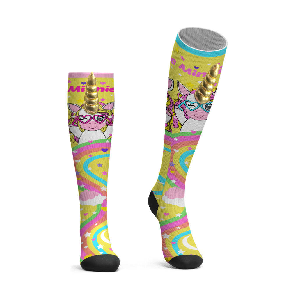 Calcetines Con Nombre Personalizado Calcetines Hasta La Rodilla Calcetines De Dibujos Animados De Cuerno De Unicornio 3d - MyFaceSocksMX