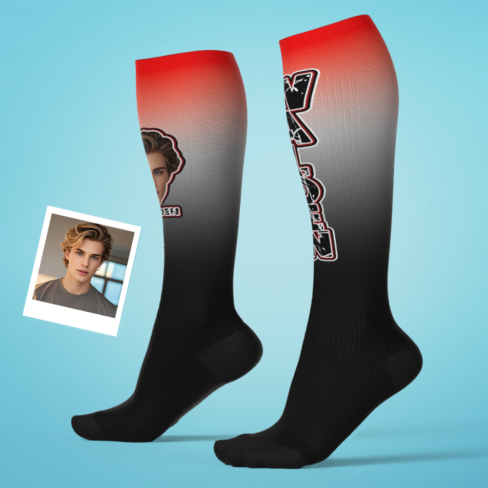 Calcetines Deportivos Hasta La Rodilla Personalizados Con Degradado Azul Y Negro. Calcetines De Compresión Personalizados Con Texto Y Cara. Calcetines Hasta La Rodilla. - miscalcetinescaramx