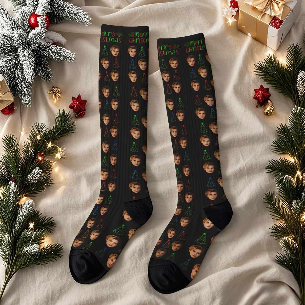 Calcetines Altos Hasta La Rodilla Con Luces De Colores Personalizadas, Ideales Como Regalo De Navidad. Calcetines Altos Hasta La Rodilla Con Cara Personalizada Para Un Atuendo Navideño O Un Regalo. - miscalcetinescaramx