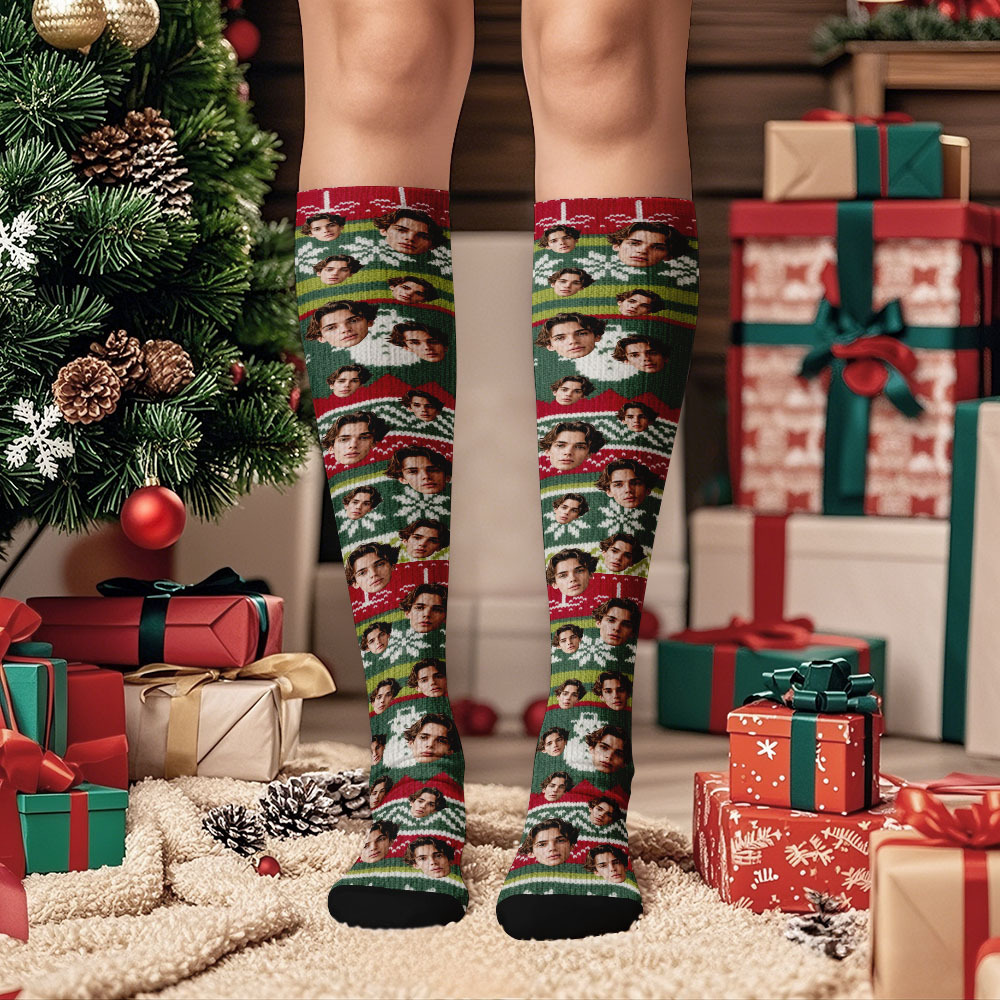 Calcetines Hasta La Rodilla Con Cara Personalizada, Calcetines Vintage Personalizados, Feliz Navidad Para Enamorados, Regalos De Navidad - miscalcetinescaramx