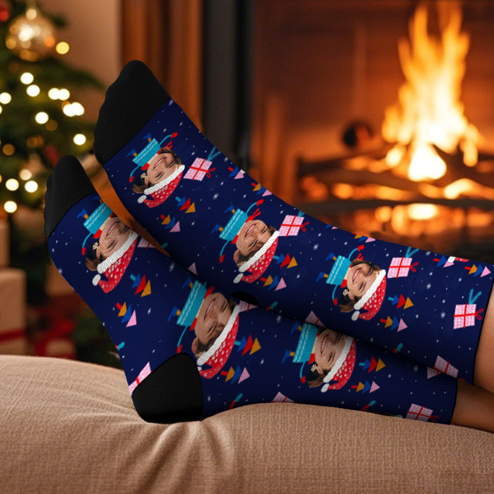 Calcetines Navideños Con Cara Personalizada, Bonitos Calcetines Azules De Papá Noel Con Foto Personalizada, Regalo De Navidad - miscalcetinescaramx