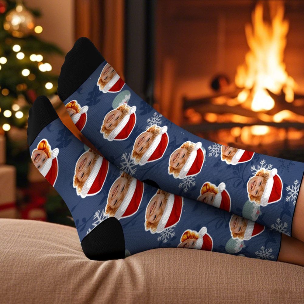 Calcetines Navideños Con Cara Personalizada, Bonitos Calcetines Azules De Papá Noel Con Foto Personalizada, Regalo De Navidad - miscalcetinescaramx