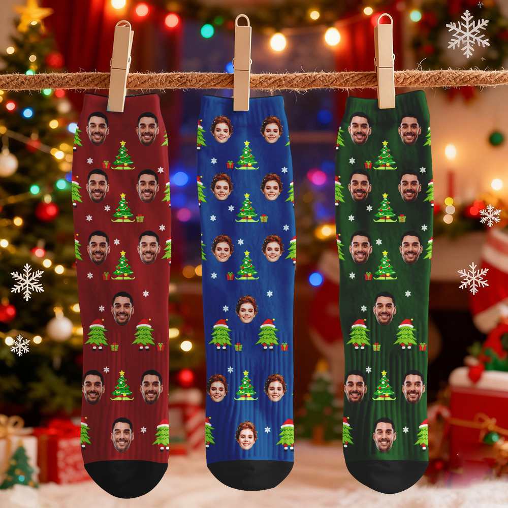Calcetines De Árbol De Navidad Personalizados Calcetines Con Cara Personalizada Regalo De Papá Noel Para La Familia - miscalcetinescaramx