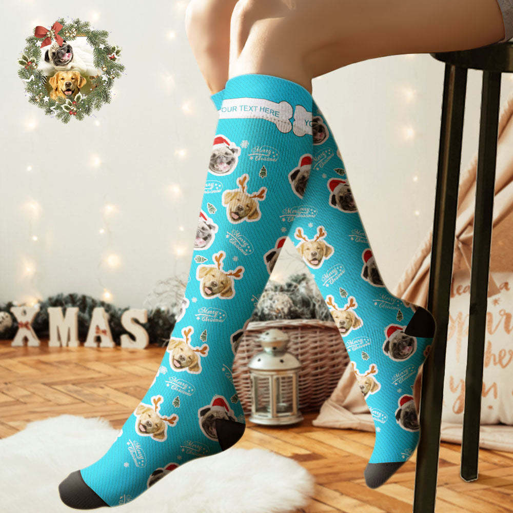 Calcetines Hasta La Rodilla Personalizados Calcetines De Cara Personalizados Feliz Navidad Cara De Perro Para Amante De Las Mascotas - MyFaceSocksMX