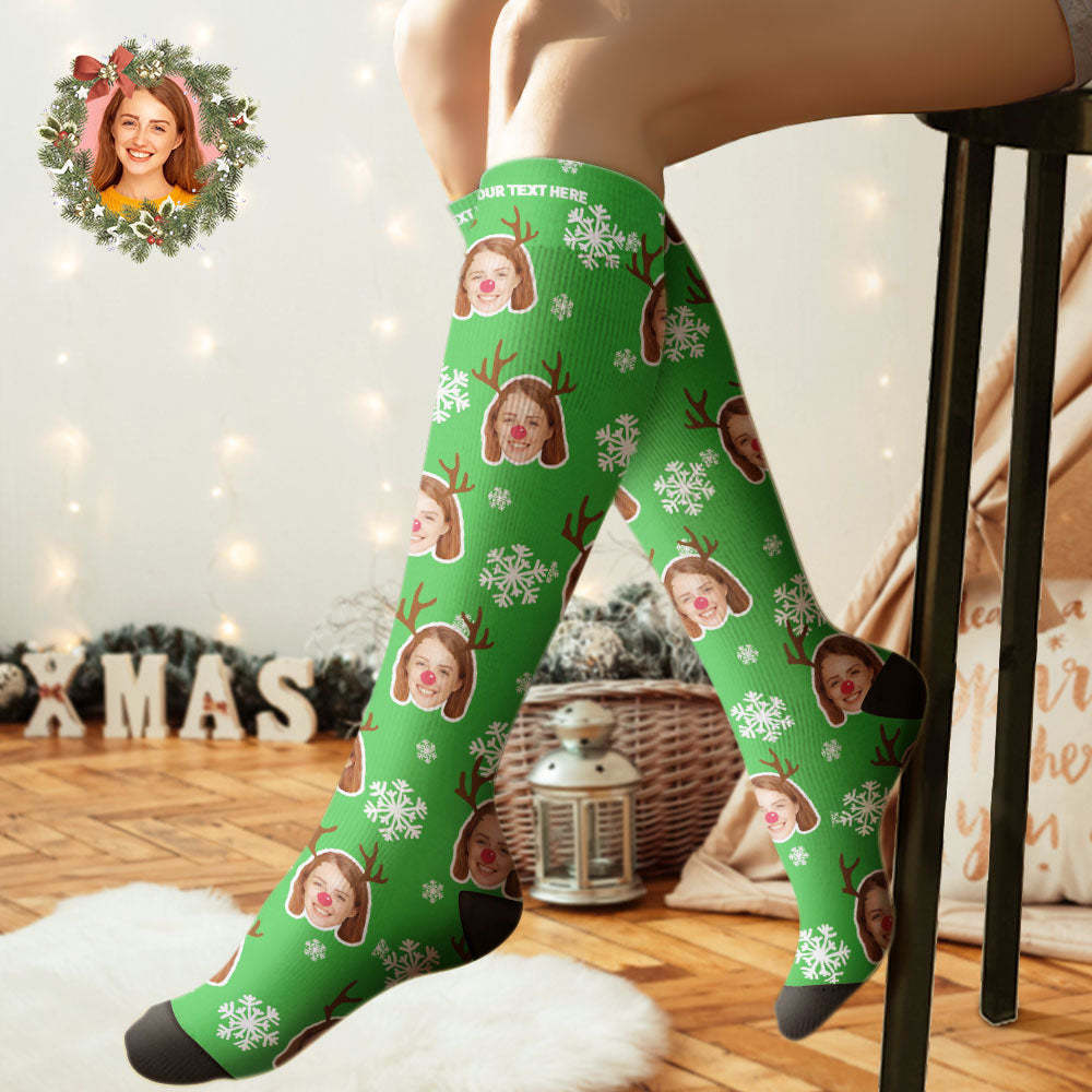 Calcetines Hasta La Rodilla Personalizados Calcetines Con Cara De Alce Personalizados Regalo De Navidad - MyFaceSocksMX