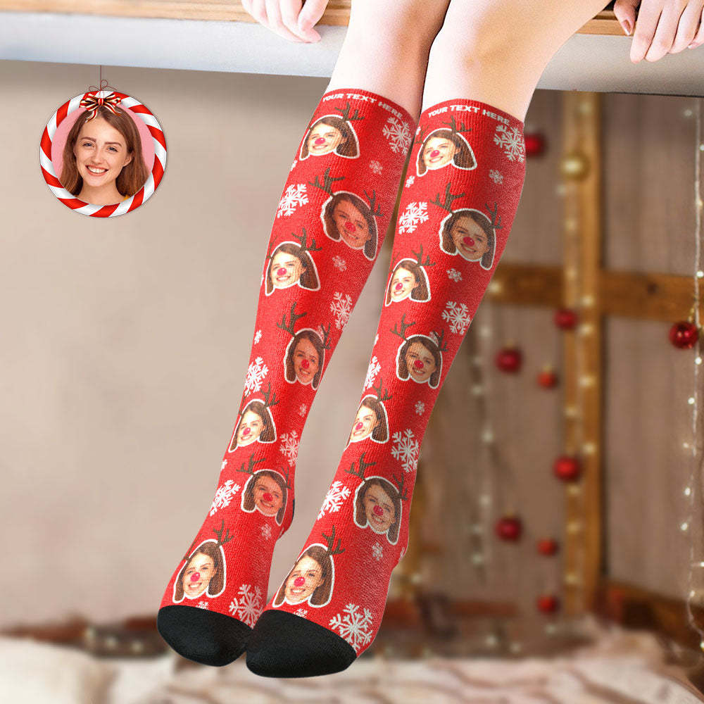 Calcetines Hasta La Rodilla Personalizados Calcetines Con Cara De Alce Personalizados Regalo De Navidad - MyFaceSocksMX