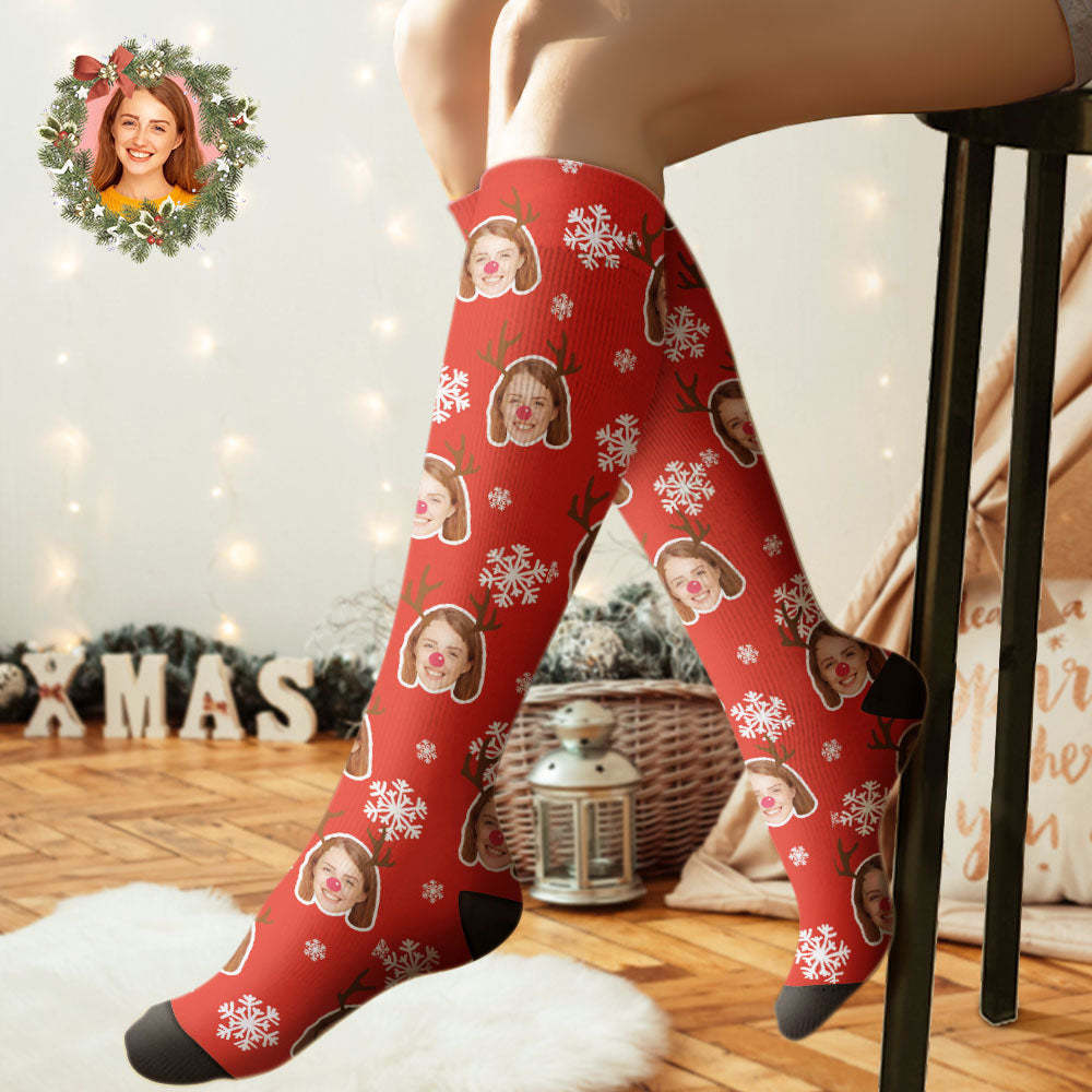 Calcetines Hasta La Rodilla Personalizados Calcetines Con Cara De Alce Personalizados Regalo De Navidad - MyFaceSocksMX