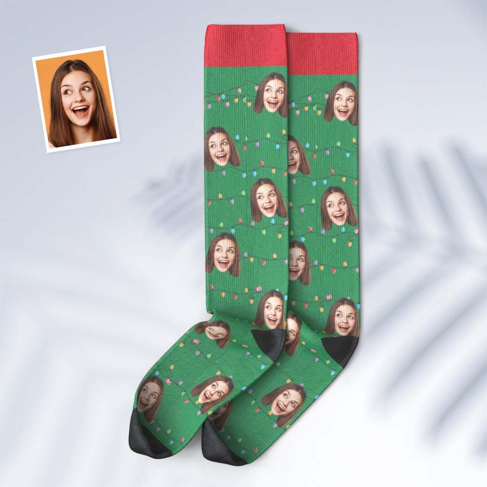 Calcetines Hasta La Rodilla Con Cara Personalizada Calcetines Con Fotos Personalizadas Luces Navideñas - MyFaceSocksMX