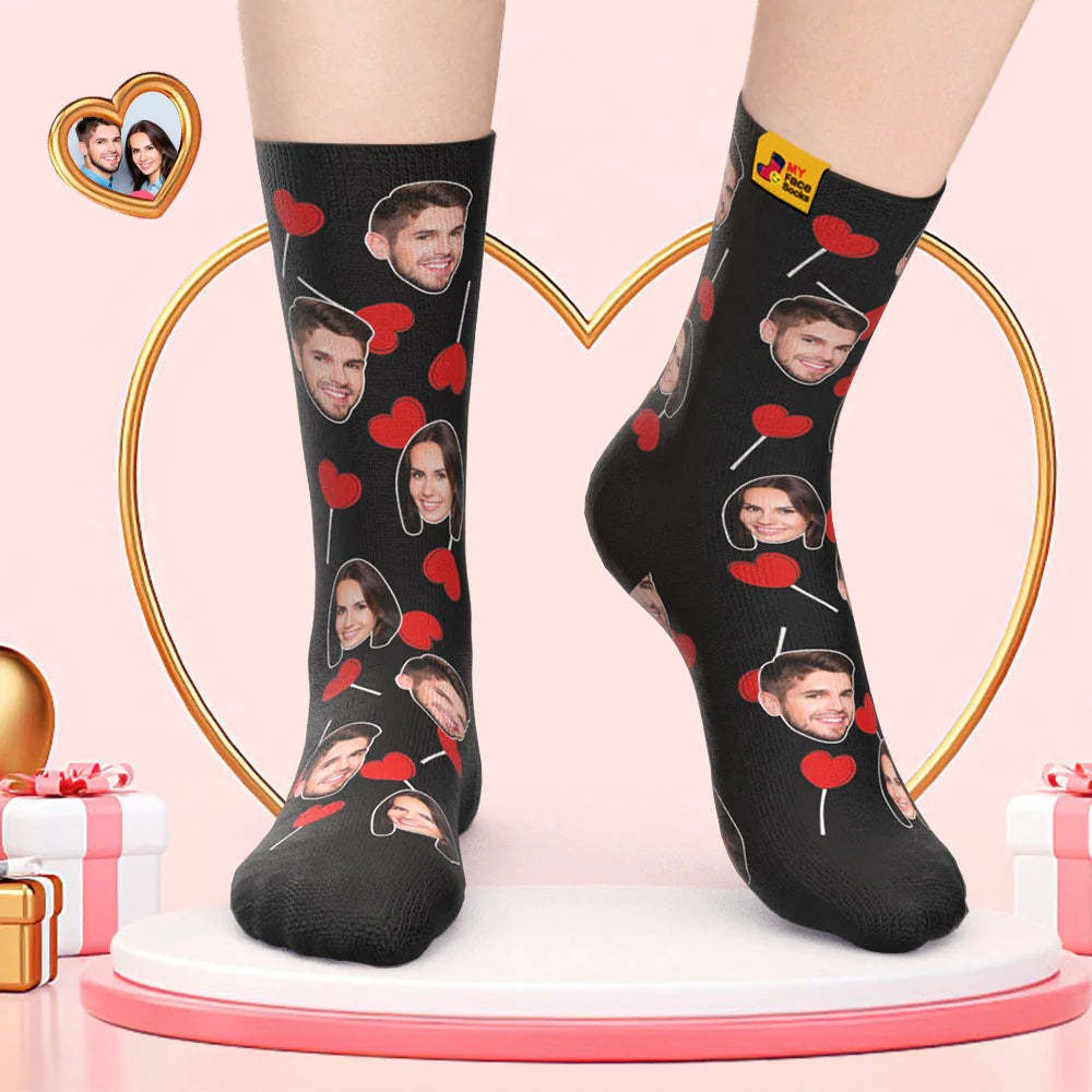 Calcetines De Cara Personalizados Regalo Del Día De San Valentín Agregar Imágenes Y Nombre Calcetines De Cara De Piruletas De Corazón - MyFaceSocksMX