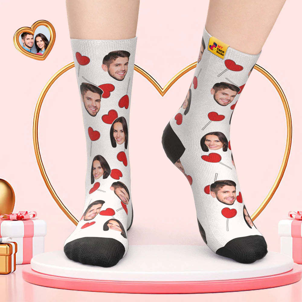 Calcetines De Cara Personalizados Regalo Del Día De San Valentín Agregar Imágenes Y Nombre Calcetines De Cara De Piruletas De Corazón - MyFaceSocksMX