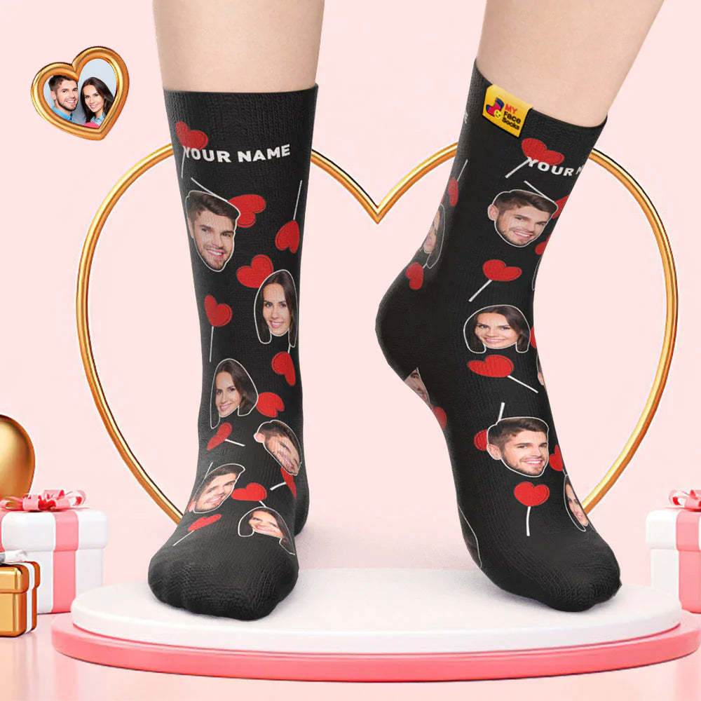 Calcetines De Cara Personalizados Regalo Del Día De San Valentín Agregar Imágenes Y Nombre Calcetines De Cara De Piruletas De Corazón - MyFaceSocksMX