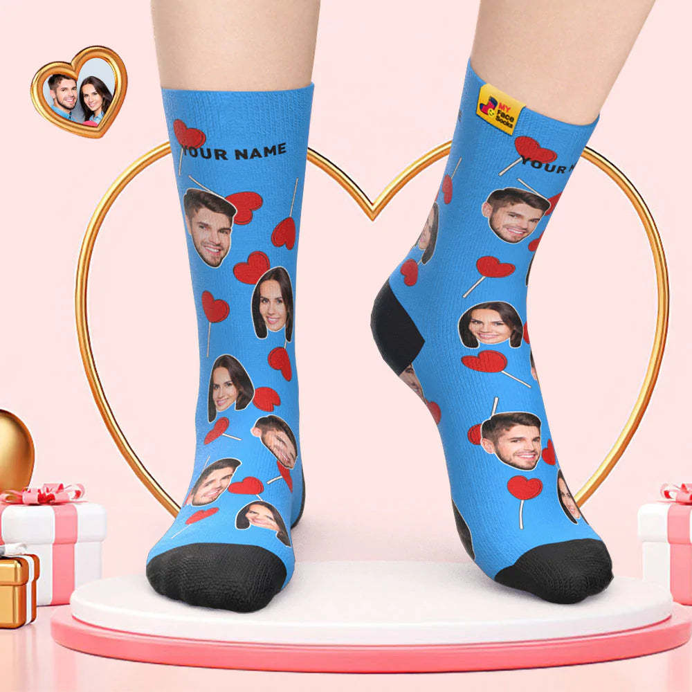 Calcetines De Cara Personalizados Regalo Del Día De San Valentín Agregar Imágenes Y Nombre Calcetines De Cara De Piruletas De Corazón - MyFaceSocksMX