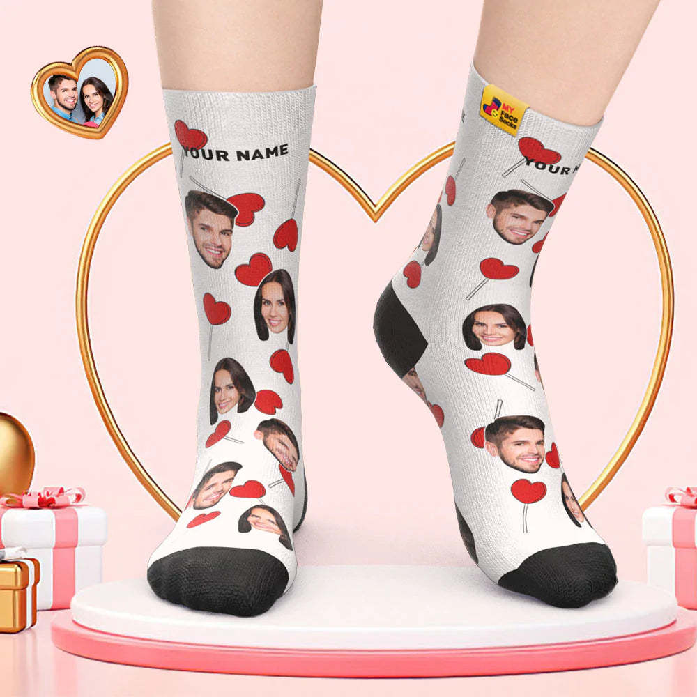 Calcetines De Cara Personalizados Regalo Del Día De San Valentín Agregar Imágenes Y Nombre Calcetines De Cara De Piruletas De Corazón - MyFaceSocksMX