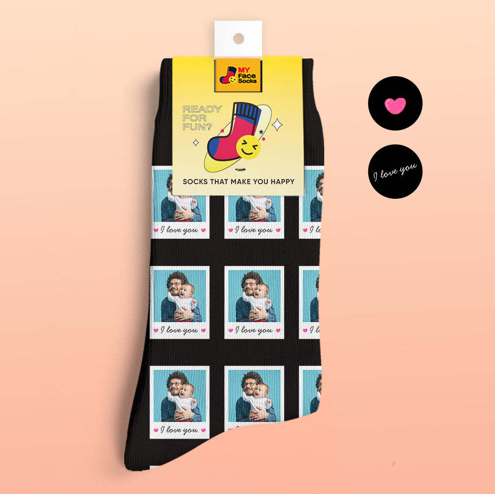 Calcetines Impresos Digitalmente En 3d Personalizados Agregar Imágenes Y Nombrar Calcetines Polaroid I Love You - MyFaceSocksMX