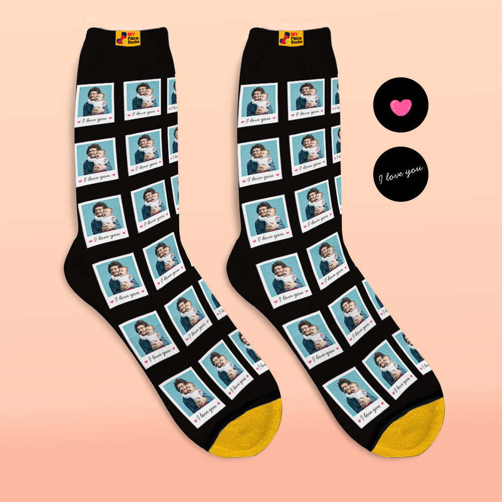 Calcetines Impresos Digitalmente En 3d Personalizados Agregar Imágenes Y Nombrar Calcetines Polaroid I Love You - MyFaceSocksMX