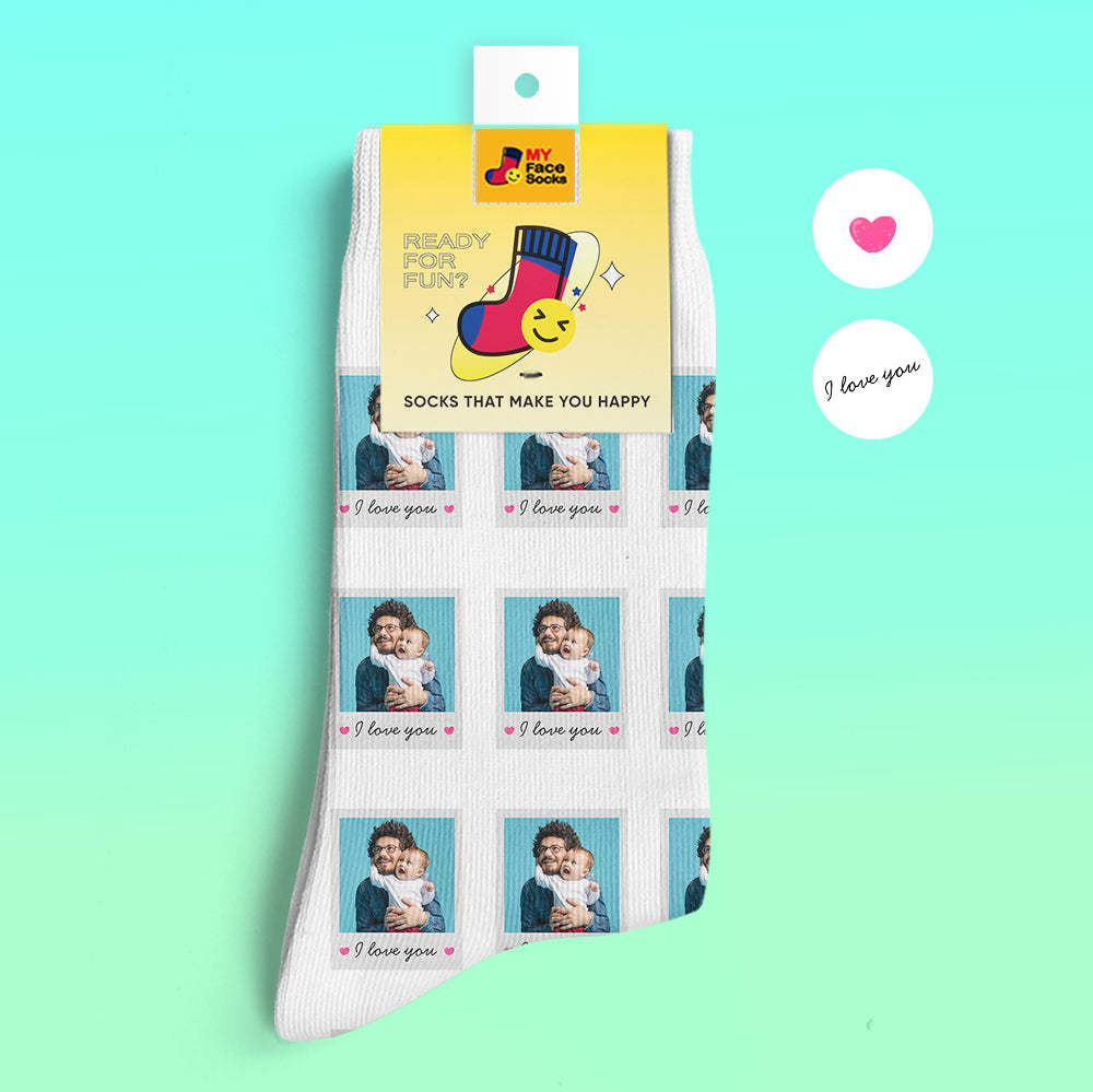 Calcetines Impresos Digitalmente En 3d Personalizados Agregar Imágenes Y Nombrar Calcetines Polaroid I Love You - MyFaceSocksMX