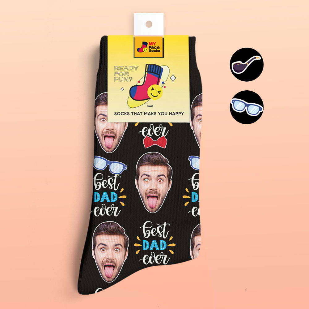 Calcetines Impresos Digitales Personalizados En 3d El Mejor Papá De Todos Los Tiempos Con Pajarita Y Elementos Para Los Ojos - MyFaceSocksMX