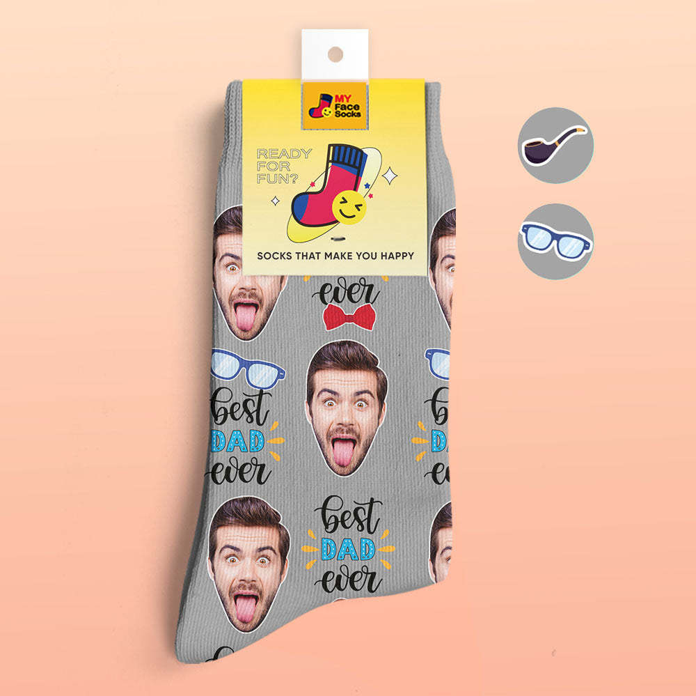 Calcetines Impresos Digitales Personalizados En 3d El Mejor Papá De Todos Los Tiempos Con Pajarita Y Elementos Para Los Ojos - MyFaceSocksMX