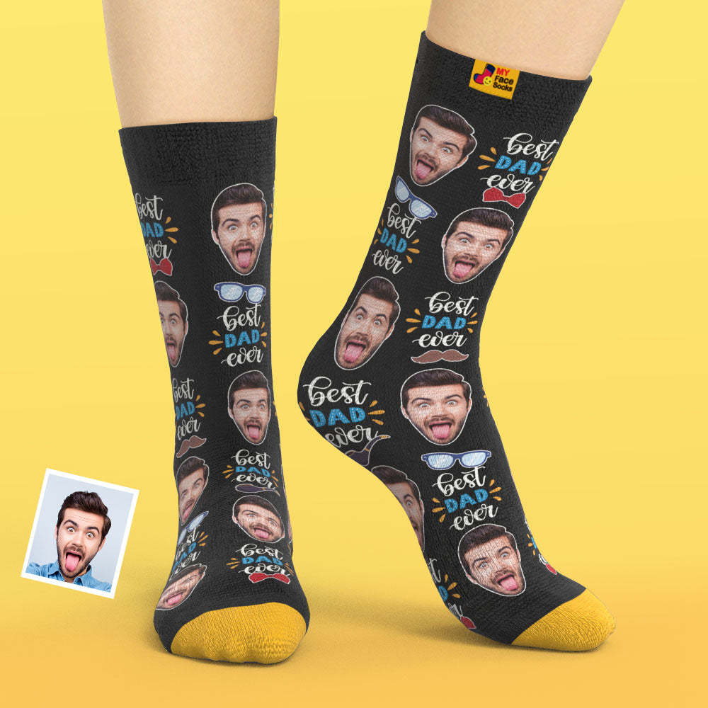 Calcetines Impresos Digitales Personalizados En 3d El Mejor Papá De Todos Los Tiempos Con Pajarita Y Elementos Para Los Ojos - MyFaceSocksMX