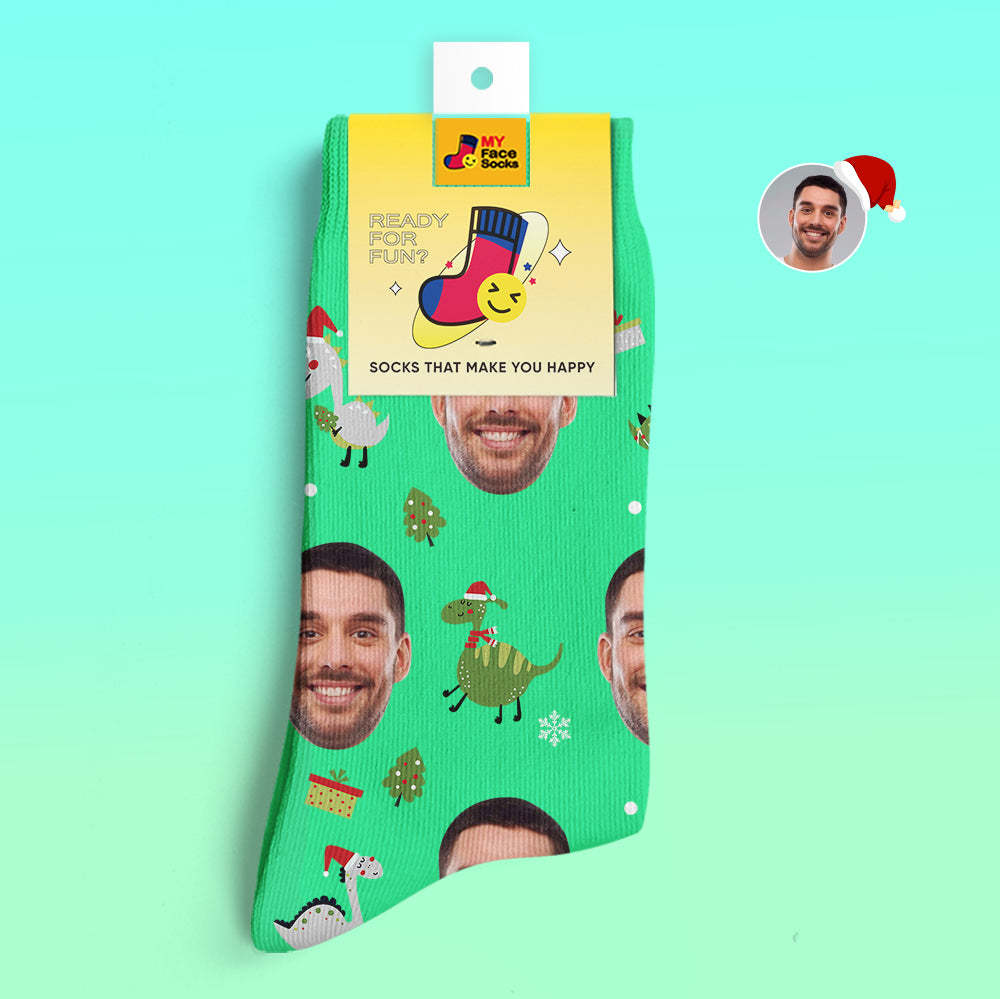 Regalos De Navidad, Calcetines Impresos Digitales 3d Personalizados My Face Socks Agregue Imágenes Y Nombre Santa Hat Dinosaur - MyFaceSocksMX