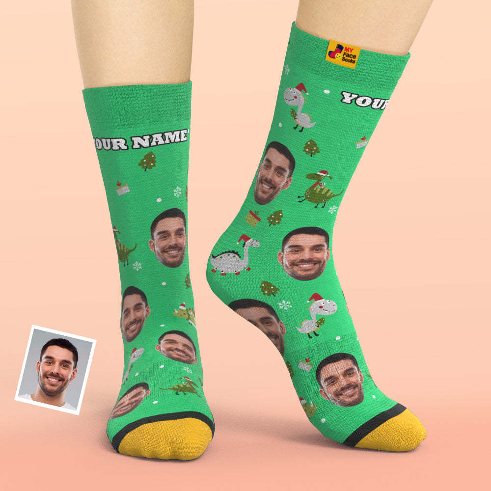 Regalos De Navidad, Calcetines Impresos Digitales 3d Personalizados My Face Socks Agregue Imágenes Y Nombre Santa Hat Dinosaur - MyFaceSocksMX