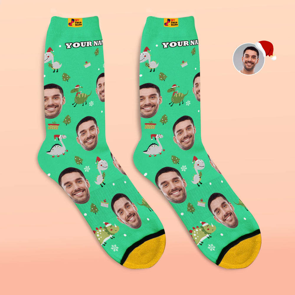 Regalos De Navidad, Calcetines Impresos Digitales 3d Personalizados My Face Socks Agregue Imágenes Y Nombre Santa Hat Dinosaur - MyFaceSocksMX