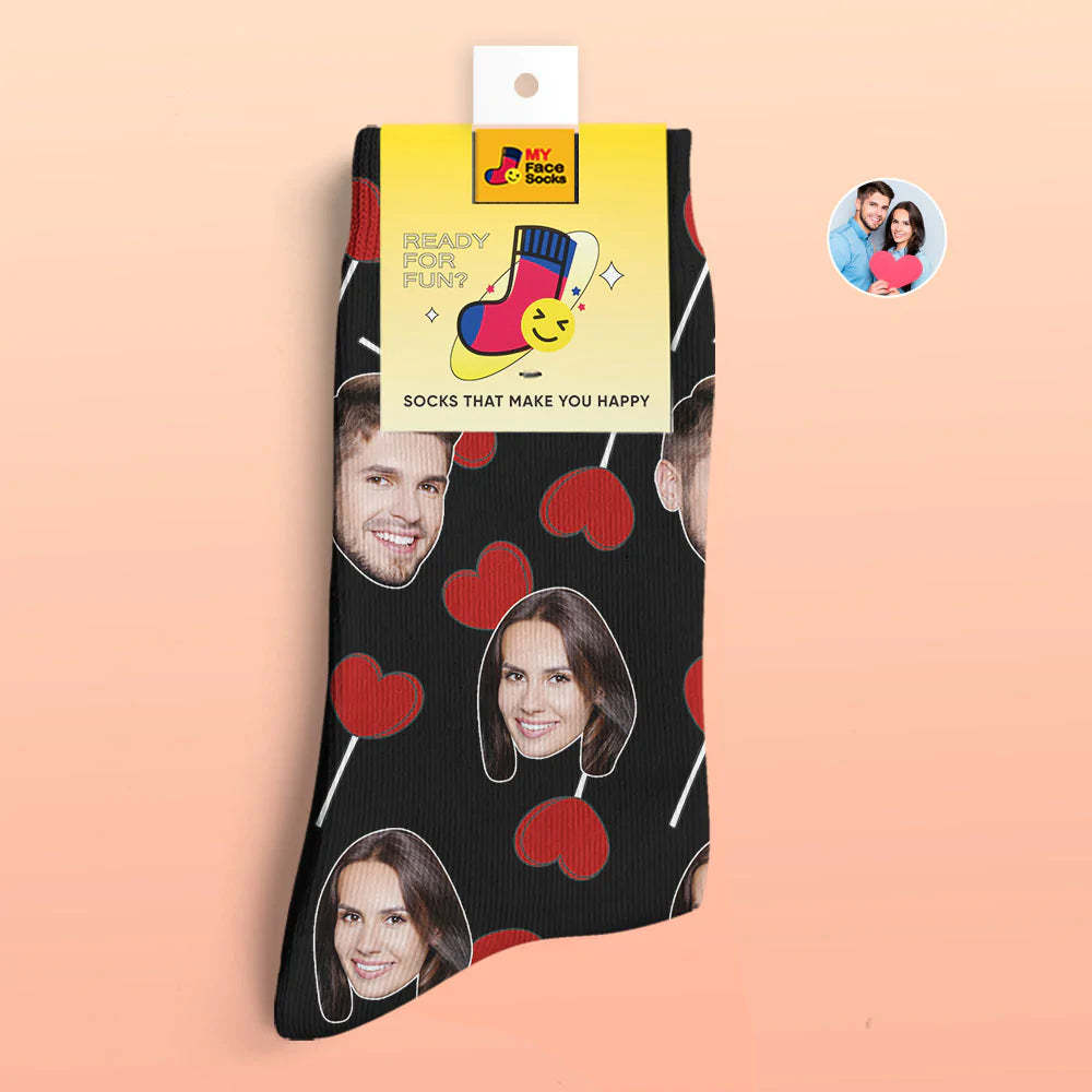 Calcetines Impresos Digitales 3d Personalizados Calcetines De Cara De Piruletas De Corazón De Regalo De San Valentín - MyFaceSocksMX