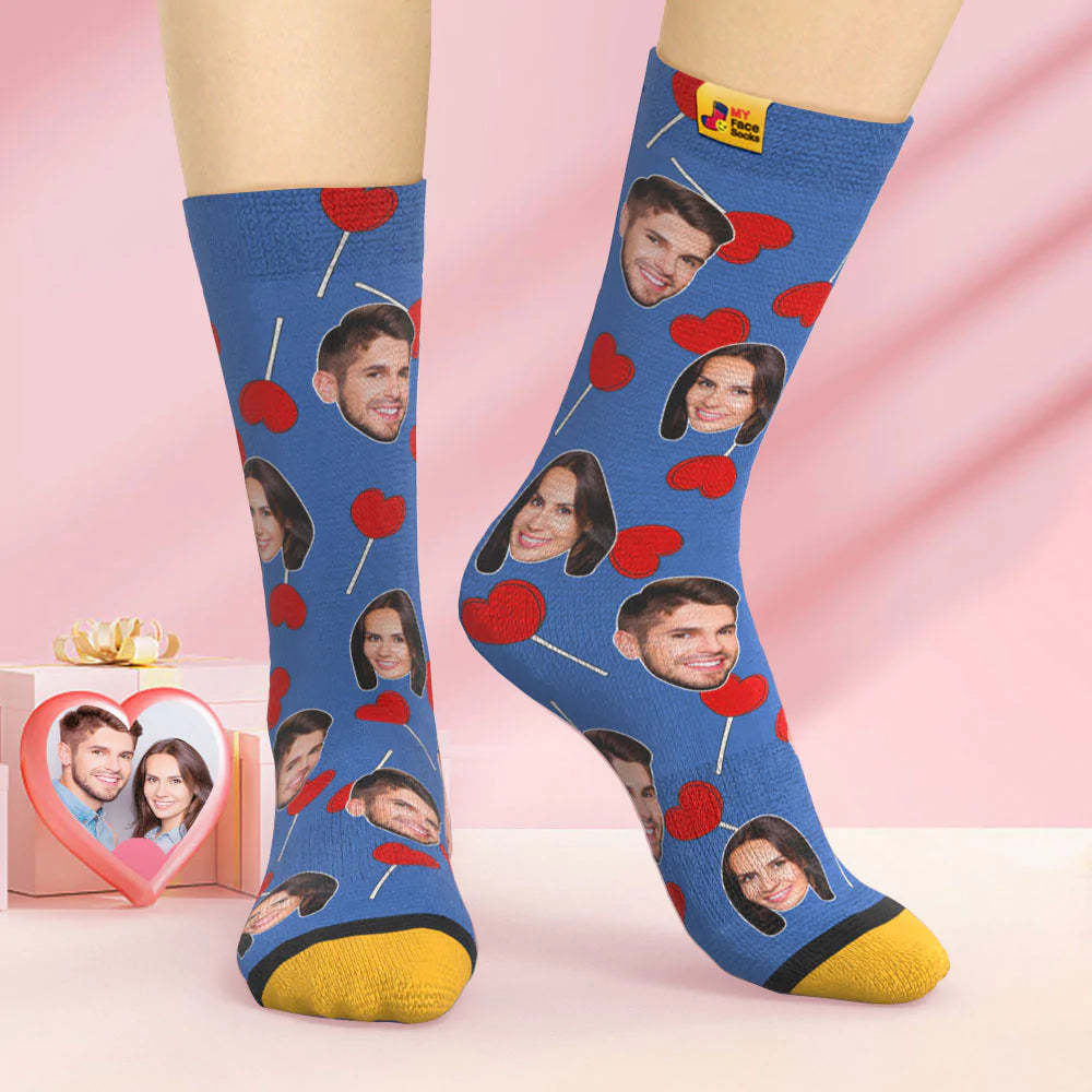 Calcetines Impresos Digitales 3d Personalizados Calcetines De Cara De Piruletas De Corazón De Regalo De San Valentín - MyFaceSocksMX