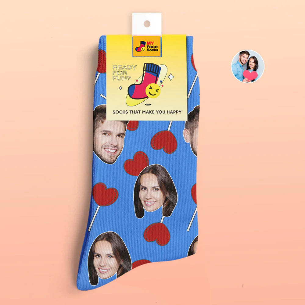 Calcetines Impresos Digitales 3d Personalizados Calcetines De Cara De Piruletas De Corazón De Regalo De San Valentín - MyFaceSocksMX