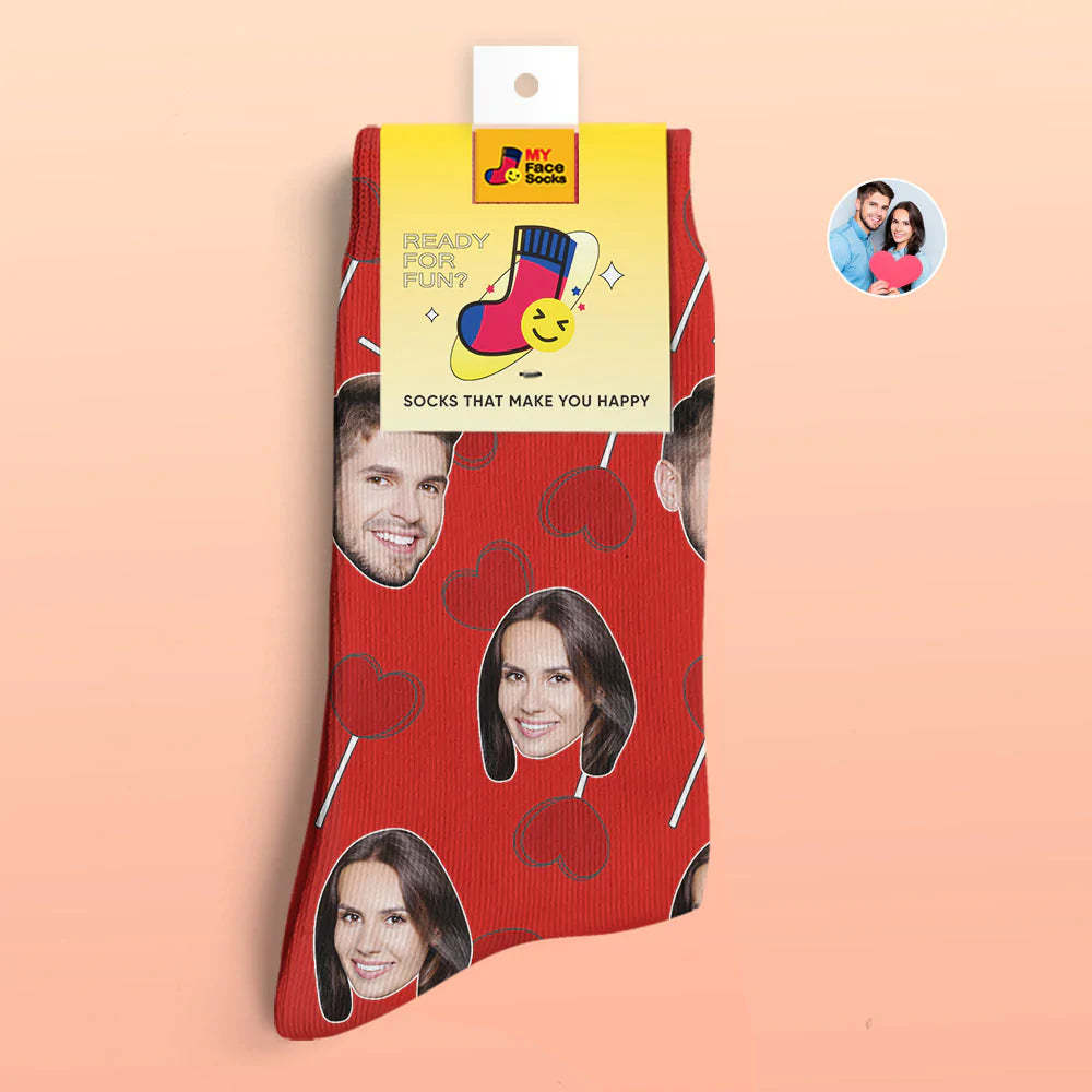 Calcetines Impresos Digitales 3d Personalizados Calcetines De Cara De Piruletas De Corazón De Regalo De San Valentín - MyFaceSocksMX