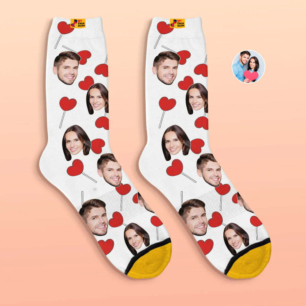 Calcetines Impresos Digitales 3d Personalizados Calcetines De Cara De Piruletas De Corazón De Regalo De San Valentín - MyFaceSocksMX