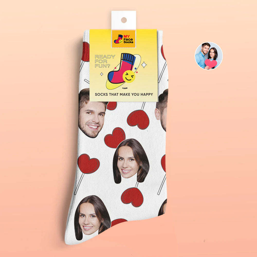 Calcetines Impresos Digitales 3d Personalizados Calcetines De Cara De Piruletas De Corazón De Regalo De San Valentín - MyFaceSocksMX