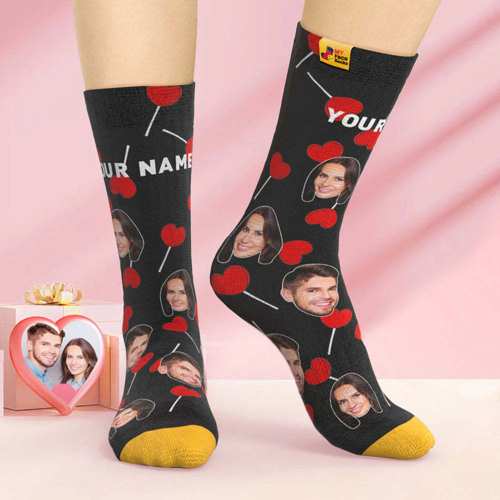 Calcetines Impresos Digitales 3d Personalizados Calcetines De Cara De Piruletas De Corazón De Regalo De San Valentín - MyFaceSocksMX