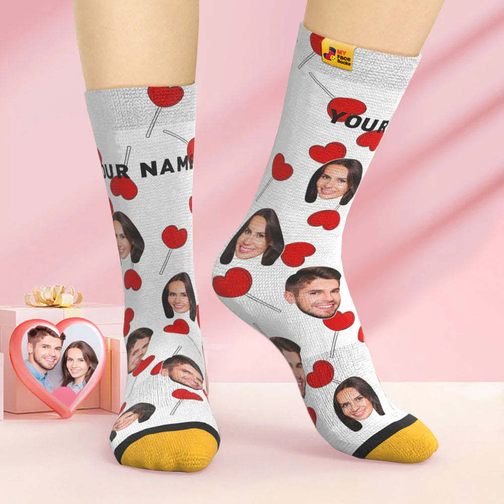 Calcetines Impresos Digitales 3d Personalizados Calcetines De Cara De Piruletas De Corazón De Regalo De San Valentín - MyFaceSocksMX