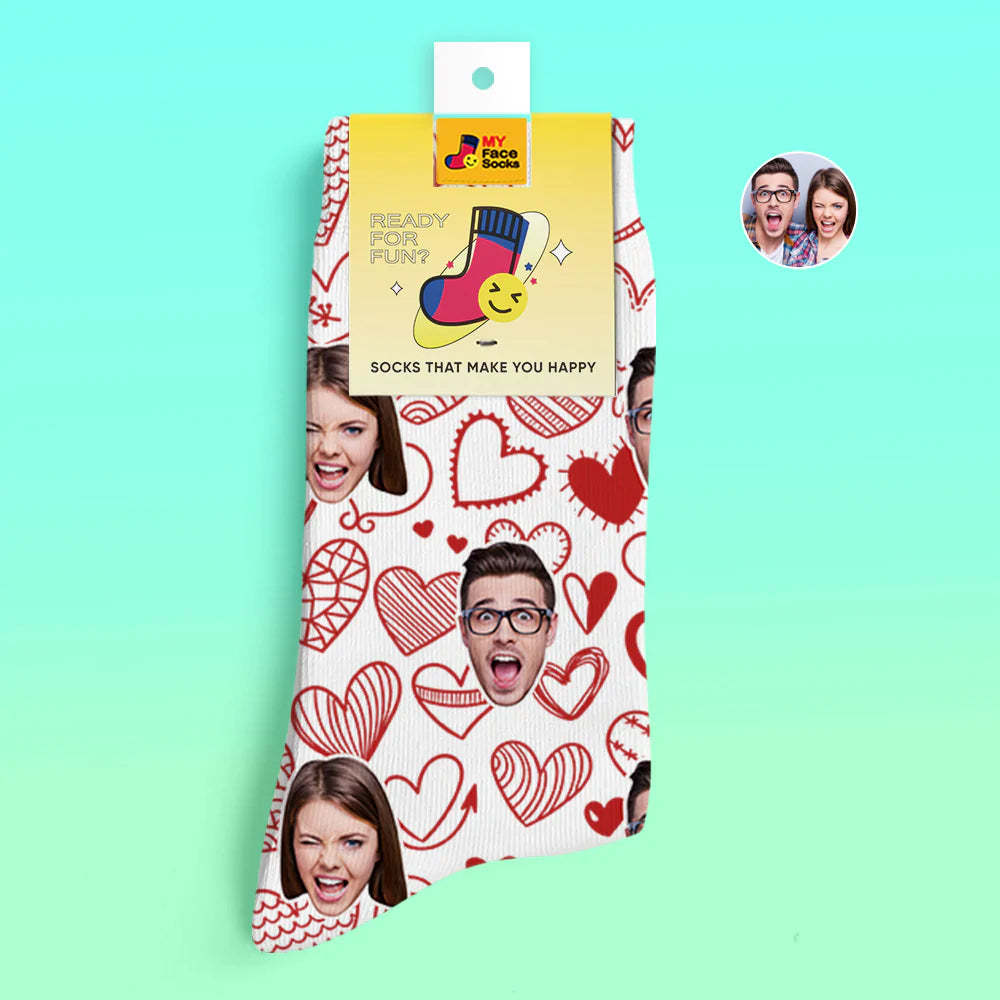 Calcetines Impresos Digitales 3d Personalizados Regalo Del Día De San Valentín Corazones Revoloteando Calcetines Faciales Para Amantes - MyFaceSocksMX
