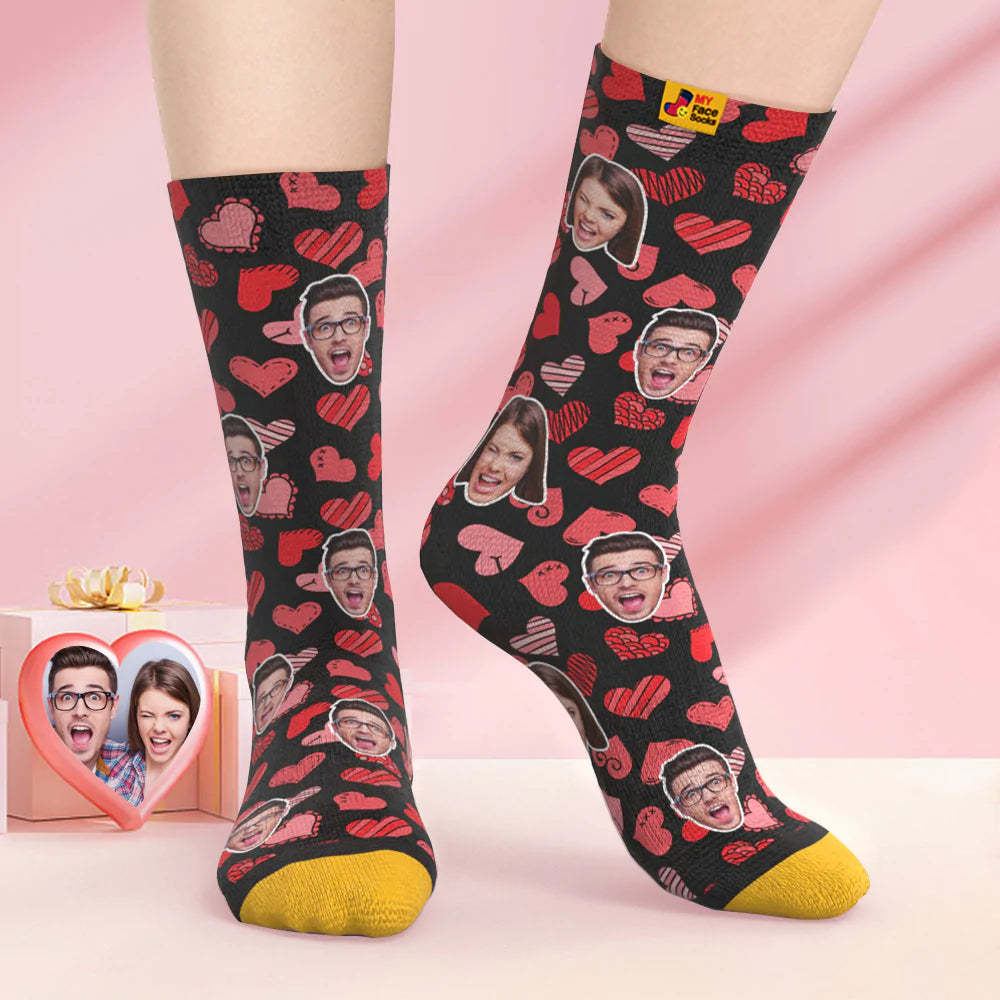 Calcetines Impresos Digitales Personalizados En 3d Calcetines De Cara De Corazones De Regalo De San Valentín Varios Para Amante - MyFaceSocksMX