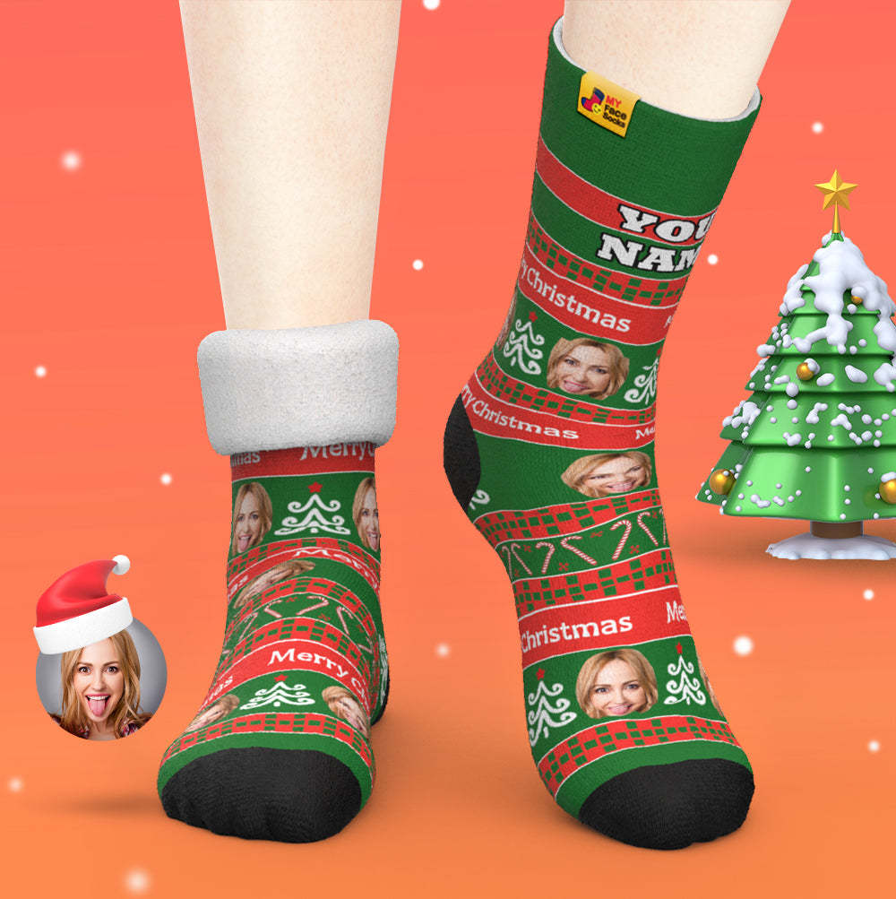 Calcetines Gruesos Personalizados Foto 3d Calcetines Impresos Digitales Otoño Invierno Calcetines Cálidos Calcetines Verdes De Papá Noel Regalo De Navidad - MyFaceSocksMX