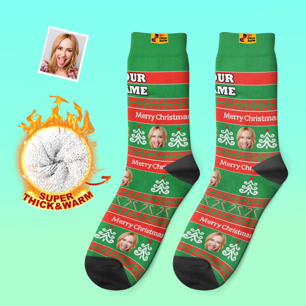 Calcetines Gruesos Personalizados Foto 3d Calcetines Impresos Digitales Otoño Invierno Calcetines Cálidos Calcetines Verdes De Papá Noel Regalo De Navidad - MyFaceSocksMX