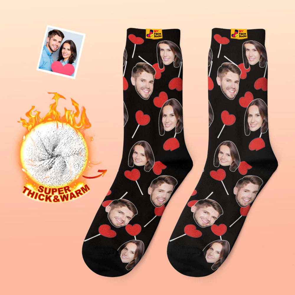 Calcetines Gruesos Personalizados Con Foto, Regalo De San Valentín, Calcetines Cálidos, Calcetines Con Cara De Piruletas De Corazón - MyFaceSocksMX