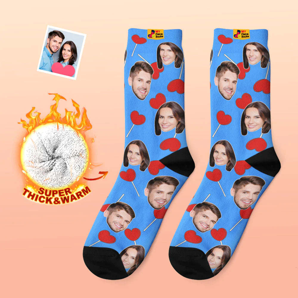 Calcetines Gruesos Personalizados Con Foto, Regalo De San Valentín, Calcetines Cálidos, Calcetines Con Cara De Piruletas De Corazón - MyFaceSocksMX