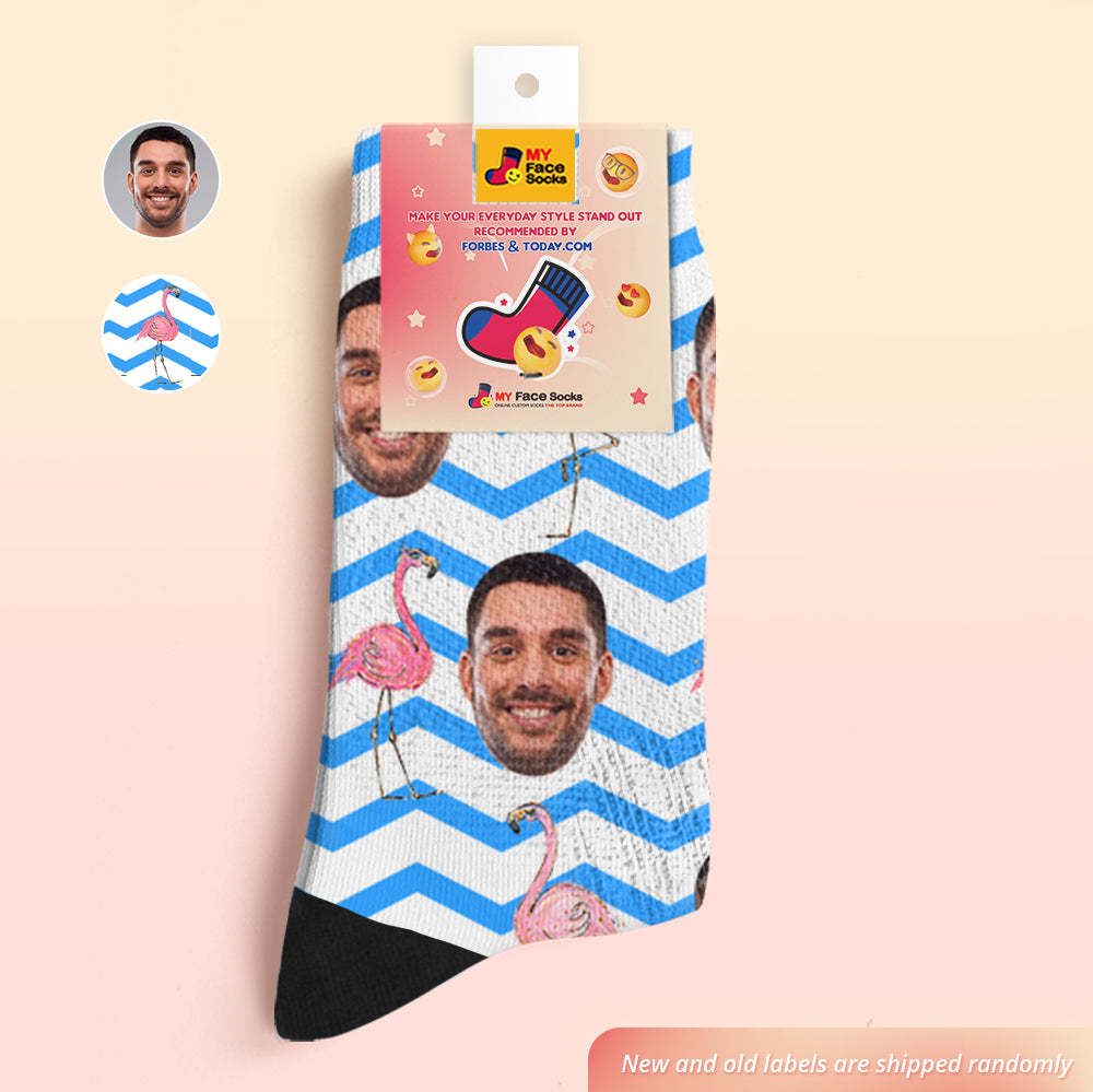 Calcetines De Cara Personalizados Agregar Imágenes Y Nombre Pink Flamingos Blue Zig Zag Calcetines Suaves Transpirables - MyFaceSocksMX