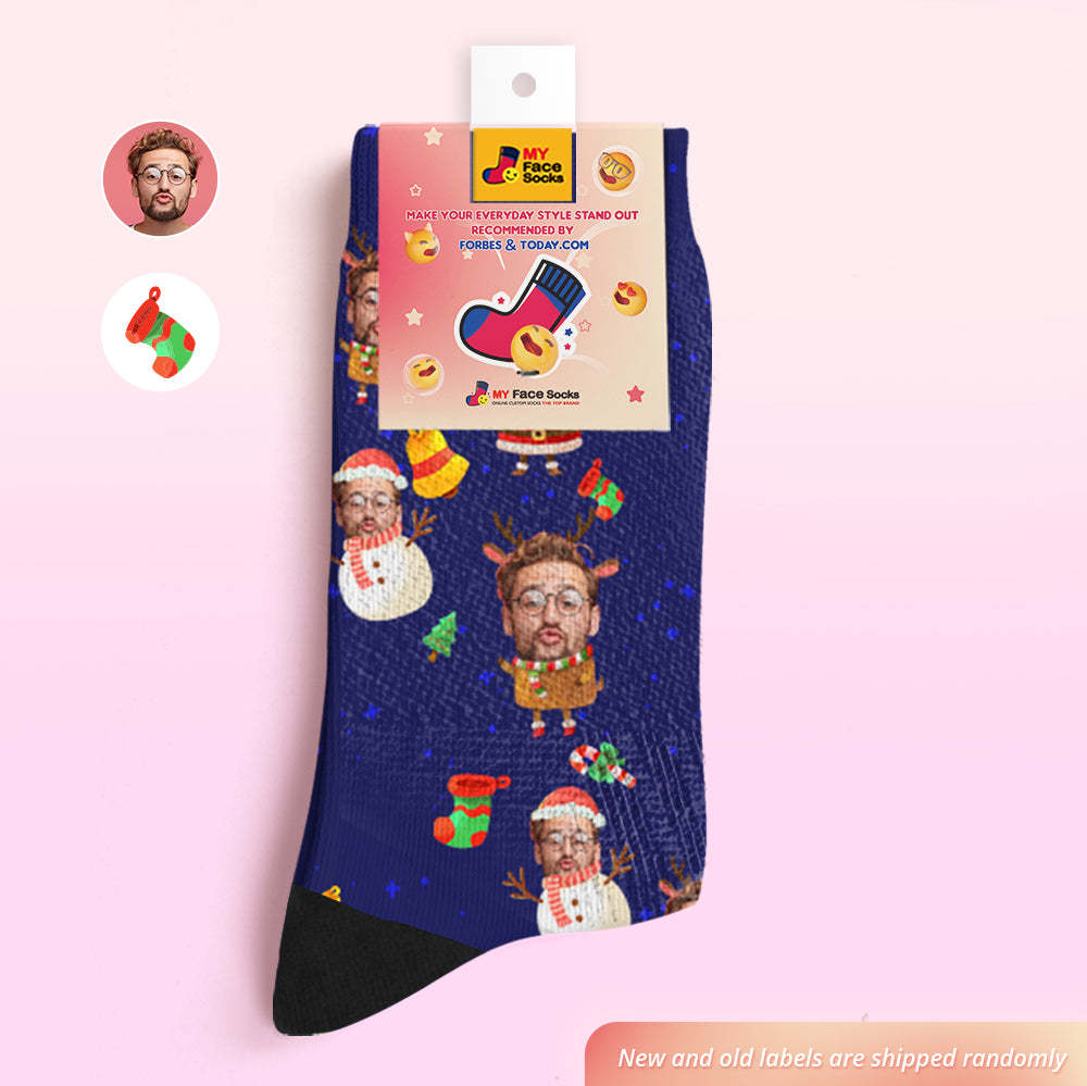 Calcetines De Cara Personalizados Agregue Imágenes Y Nombre Papá Noel Y Muñeco De Nieve Calcetines Suaves Transpirables - MyFaceSocksMX