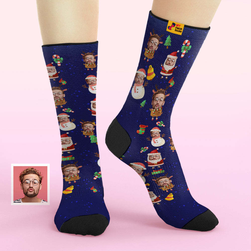 Calcetines De Cara Personalizados Agregue Imágenes Y Nombre Papá Noel Y Muñeco De Nieve Calcetines Suaves Transpirables - MyFaceSocksMX