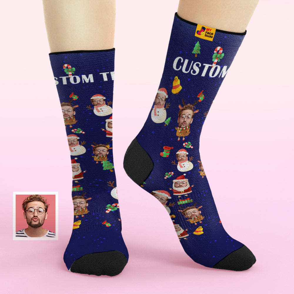 Calcetines De Cara Personalizados Agregue Imágenes Y Nombre Papá Noel Y Muñeco De Nieve Calcetines Suaves Transpirables - MyFaceSocksMX