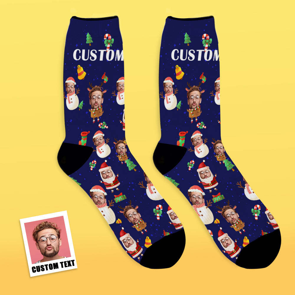 Calcetines De Cara Personalizados Agregue Imágenes Y Nombre Papá Noel Y Muñeco De Nieve Calcetines Suaves Transpirables - MyFaceSocksMX